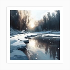 Winter Woodland Landscape, River Reflections 2 Art Print