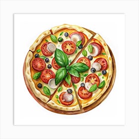 Watercolor Painting Of A Pizza With Tomatoes And Mushrooms Art Print