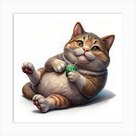 Fat Cat Drinking Juice Art Print