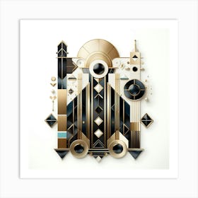 Abstract Geometric Art Deco Composition With Gold Black And White Elements Poster