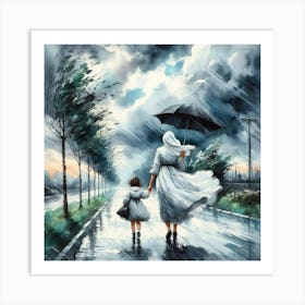 Mother And Child In The Rain Art Print