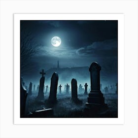 Gravestones Casting Long Ominous Shadows Under A Full Moon A Rising Mist Shrouding The Undead Figu (5) Art Print