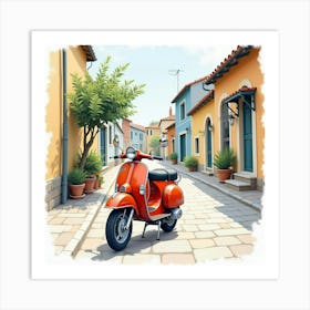 Retro Motorcycle In A Charming Village Street Watercolor Scene 1 Art Print