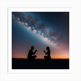 Silhouette Of Couple Praying Under The Milky Way Art Print