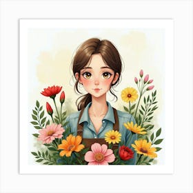 Portrait Of A French Florist In Watercolor, Vibrant And Fragrant Scene 1 Art Print