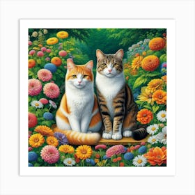 Cats In The Garden 1 Art Print