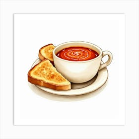 A Watercolor Rendering Of A Classic Creamy Tomato Soup With A Side Of Grilled Cheese Sandwiches Art Print