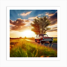 Sunset Car On The Road Art Print