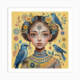 Blue Bird Girl Art Print