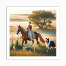 collie and young girl riding Art Print