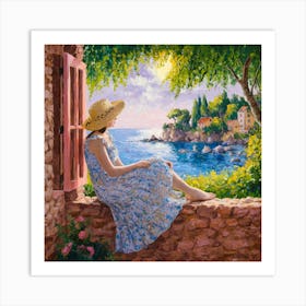 Sunny Day In Italy Impressionist Portrait Of A Woman By The Sea (1) Art Print