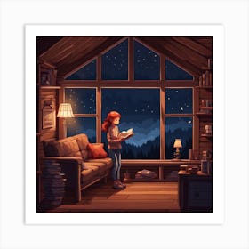 Girl reading in Cabin at night Art Print