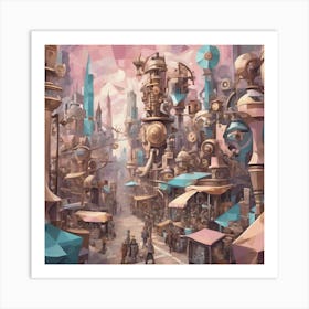 Bustling Steampunk Street Cubism Style Art Print