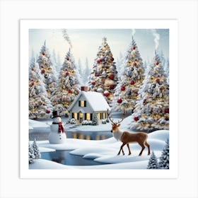 Christmas Scene With Deer Art Print