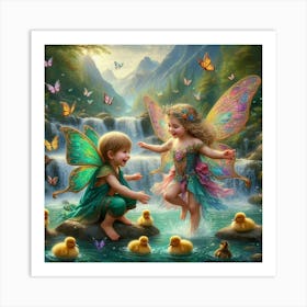 Fairy children playing with duckling  Art Print