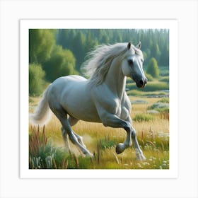 White Horse Running In The Meadow Art Print