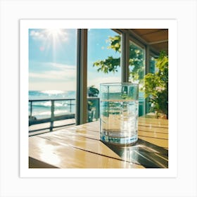 Sunny Day Wet Glass On Table Filled With Water In Front Of Camera Window Beach And Sea In Background Art Print