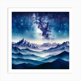 Mountain Landscape With Starry Sky And The Milky Way Art Print