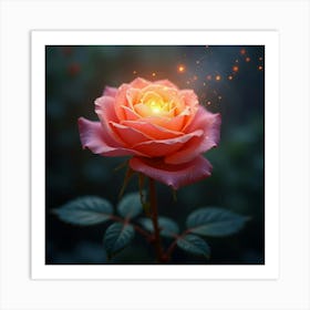 A Dreamy Rose With Petals Of Flowing, Celestial Fire Blooming In A Surreal Garden Art Print