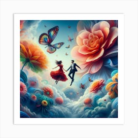 Couple Flying In The Clouds Art Print