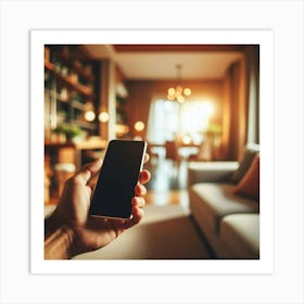 Hand Holding Smart Phone In Living Room Art Print