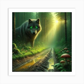 Wolfy looking for bioluminescent mushrooms 1 Art Print