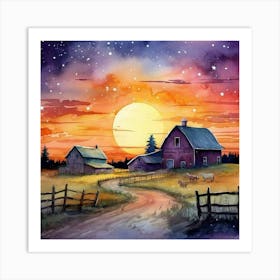 The Old Farmhouse at Sunset | Idyllic Dreamy Landscape Art Print