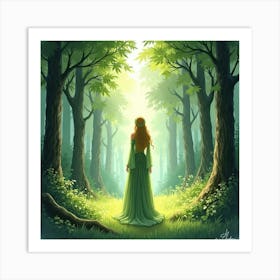 Watercolor Of Galadriel Standing In A Luminous Forest Glade Art Print