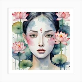 Asian Girl With Lotus Art Print