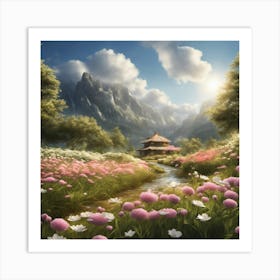 Serene Horizons: Where Flowers Meet the River Art Print