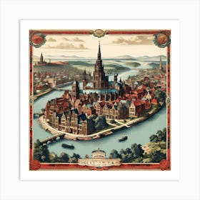 A Vintage Map, Of A Historic City With Ornate Borders And Labels art print 4 Art Print