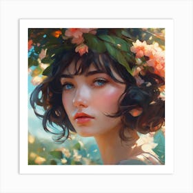 Girl With Flowers On Her Head Art Print