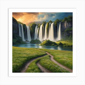 Waterfall At Sunset 1 Art Print