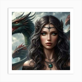 Fantasy Girl With Dragons Art Print