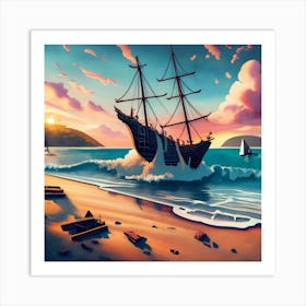 Beach Scene Sailing Ship Wreck In Foreground 1 Art Print