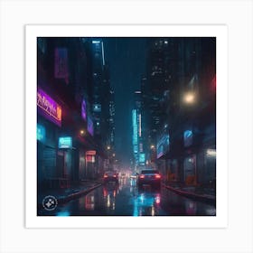 A Cyberpunk Cityscape Photo, 4k With Rain And Refelctions Art Print