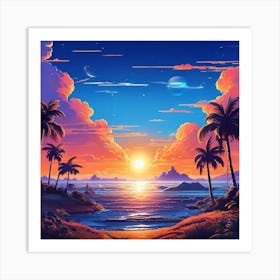 Sunset At The Beach, wall art of sunset, palm trees, orange sky, light rese of sun 1 Art Print