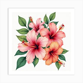 A Vibrant Watercolor Bouquet Of Tropical Hibiscus Flowers Art Print