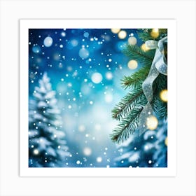 A Christmas Tree Branch Gleaming With Delicate Snowflakes In The Foreground A Merry Banner With Glo 2 Art Print