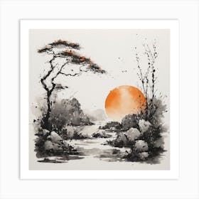 Asian Sunset Watercolor Painting Art Print