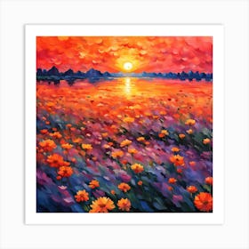 Beautiful Sunset and Field of Colorful Flowers Art Print