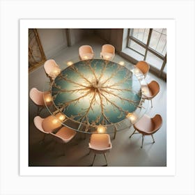 Round Dining Table With Illuminated Tree Design, Top View Art Print