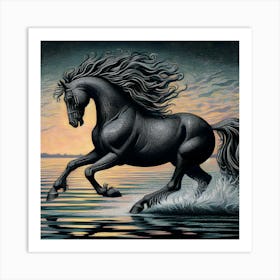 Black Horse At Sunset Art Print