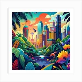 A Vibrant Cityscape With A Twist Incorporate Tropical 1 Art Print