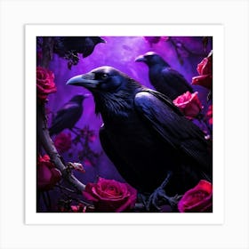 A Spectral Gathering Of Crows Perched And Gliding Gracefully Amongst Blooming Roses And Sinister Th Art Print