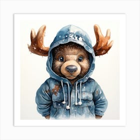 Watercolour Cartoon Moose In A Hoodie Art Print