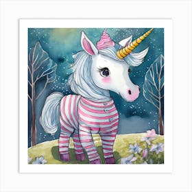 White Minature Unicorn In Striped Pajamas Art Print