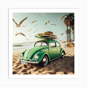 Green Vw Beetle On The Beach Front 3 Art Print