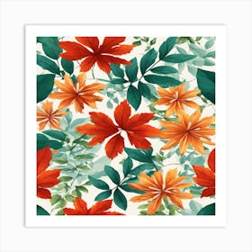 Seamless Pattern With Orange And Green Leaves Art Print