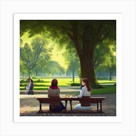 Two Women Sitting On A Bench Art Print